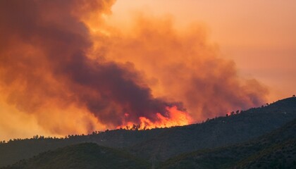 A wildfire spreads along a ridge, turning the sky red and sending thick black smoke into the air.