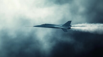 high-speed jet in mid-flight, breaking through sound barriers with trails of mist forming along its sleek wings