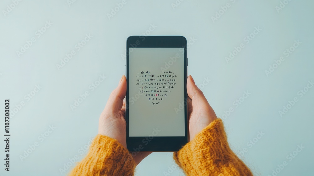 Poster a close-up of hands holding a smartphone displaying a heart-shaped graphic against a soft background