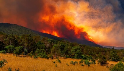 A wildfire spreads along a ridge, turning the sky red and sending thick black smoke into the air.