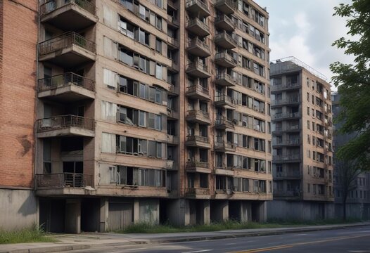 Old, run-down apartment building next to a modern high-rise, housing, society, contrast