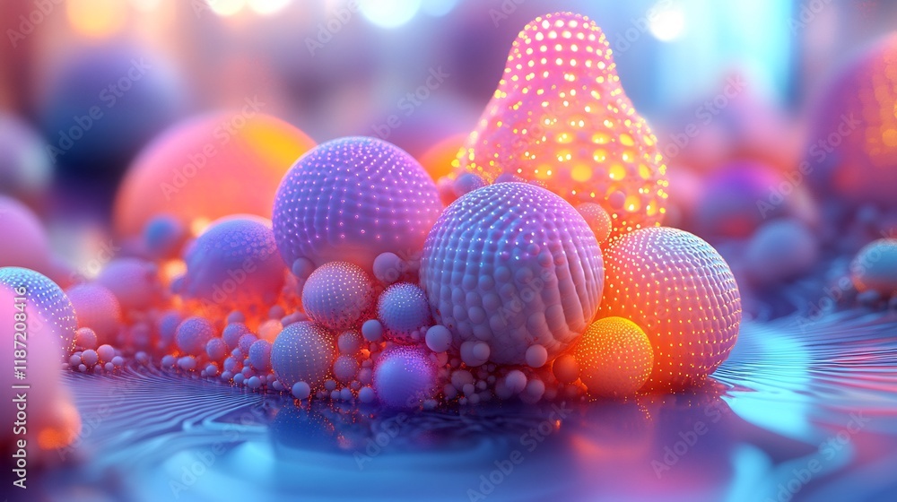Poster Market segmentation visualized as layered glowing spheres in vibrant clusters, representing unique consumer groups, demographics, preferences, and strategic audience targeting