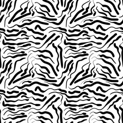Seamless abstract geometric pattern. Background in black, white. Illustration. Lines, curves. Design for textile fabrics, wrapping paper, background, wallpaper, cover.