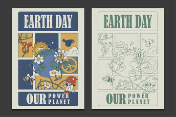 Earth Day poster in retro style with funny cartoon characters, vector illustration