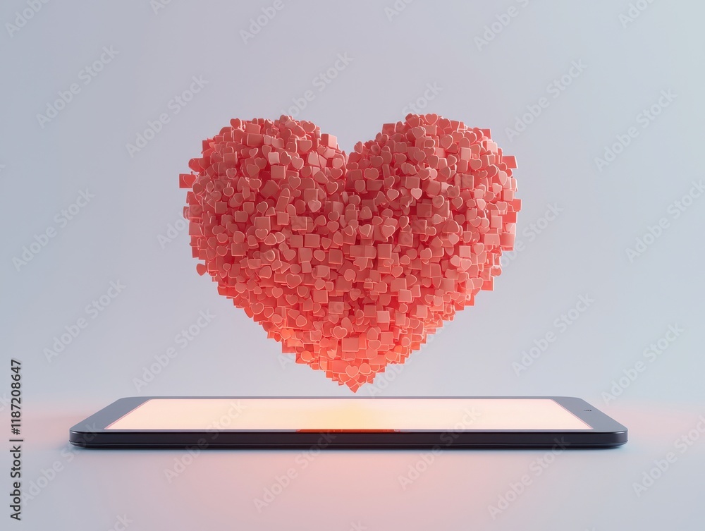 Poster digital representation of love: a heart made of pink cubes floating above a tablet screen, symbolizi