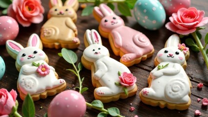 Adorable Easter bunny cookies and painted eggs on a rustic wooden table. Easter card.