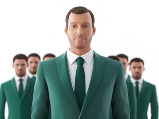 A Confident Businessman Leading a Team in Green Suits, Symbolizing Leadership, Teamwork, and Professional Success Against a Clean Background
