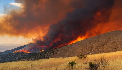 A wildfire spreads along a ridge, turning the sky red and sending thick black smoke into the air.