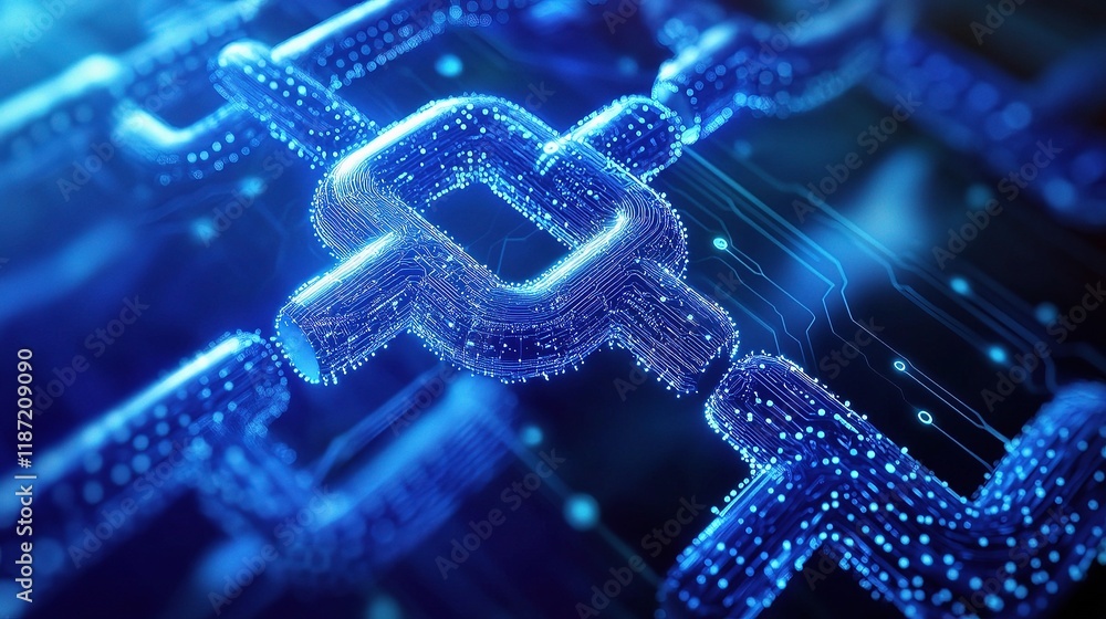 Poster futuristic circuit board with blockchain network and digital lines