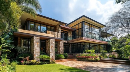 Luxurious modern house with stone facade, large windows, and lush landscaping.