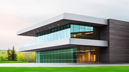 Fototapeta premium Modern Glass and Steel Office Building - A sleek, modern architectural design. Symbolising innovation, efficiency, progress, collaboration, and success.