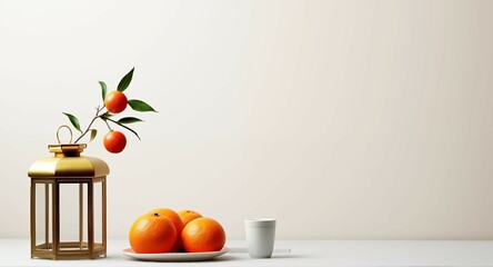 delicate festive table with red lantern, mandarins, and gold accents on light background
