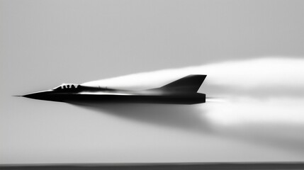 high-speed jet in mid-flight, breaking through sound barriers with trails of mist forming along its sleek wings