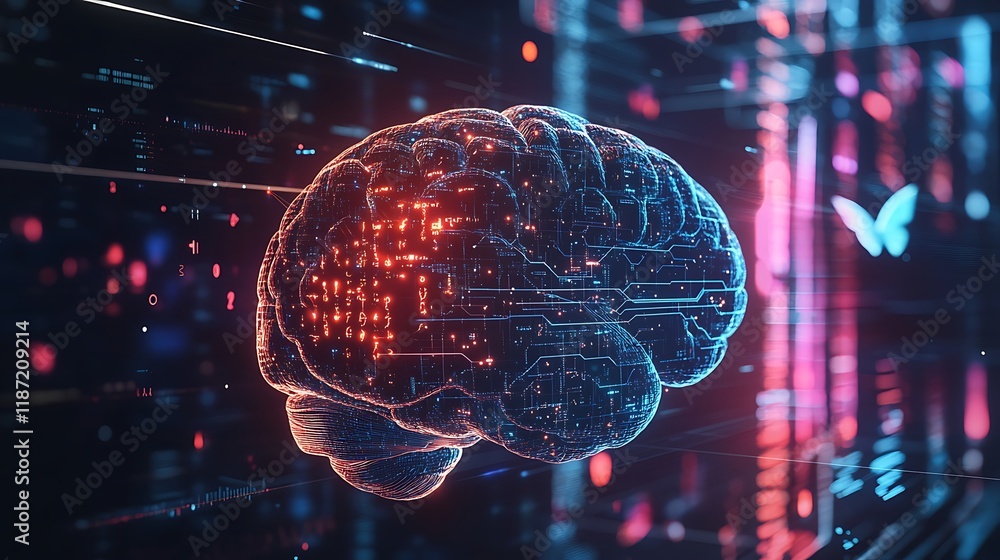 Aufkleber digital brain with circuit board texture and butterfly.