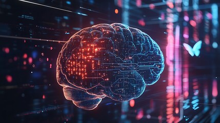Digital brain with circuit board texture and butterfly.