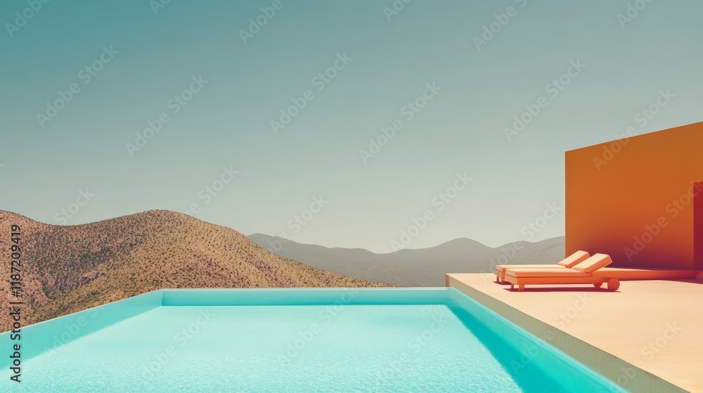 Poster two empty lounge chairs sit beside a tranquil infinity pool overlooking a vast desert mountain range