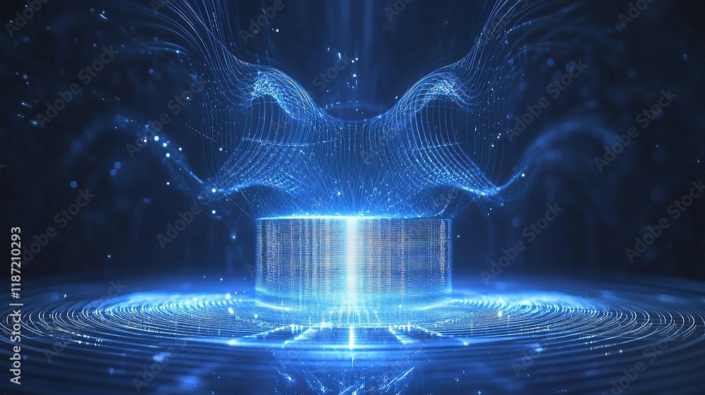 Poster futuristic quantum computer with blue circuit lines