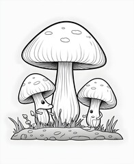 Adorable creepy kawaii mushroom coloring page for kids and adults with vintage, Cute mushrooms in a clearing among the flowers with vector illustration for coloring book.