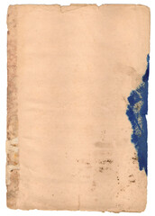 Old vintage paper texture surface with blue stains, isolated.
