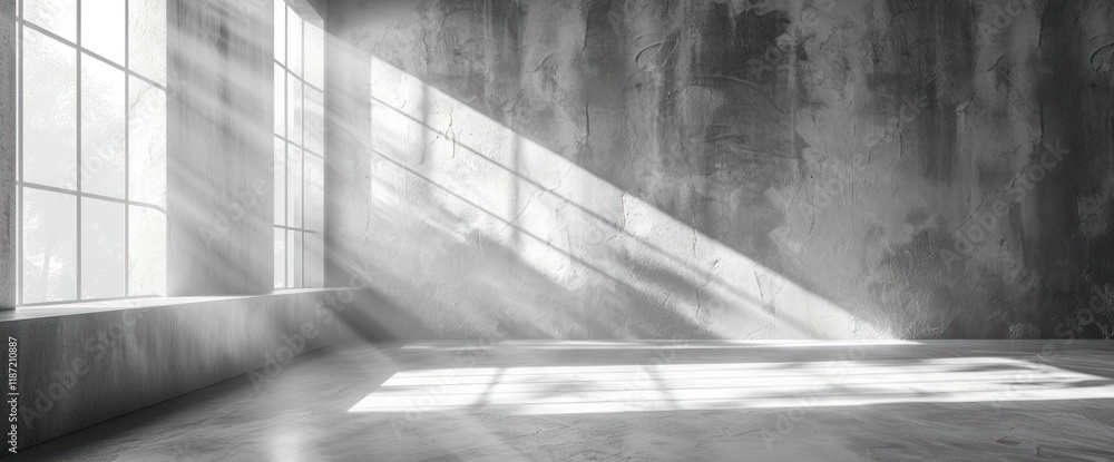 Poster sunbeams illuminate a large empty room with concrete walls and windows.