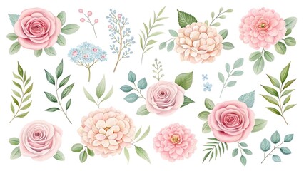 Watercolor Floral Collection with Roses, Peonies, Hydrangeas, Eucalyptus, and Greenery in Soft Pastel Tones on Transparent Background  