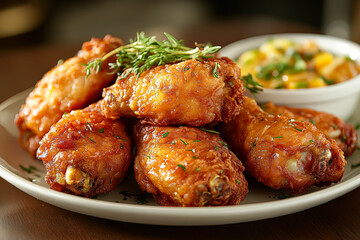 Plate of fried chicken with a side of vegetables. The chicken is golden brown and the vegetables are fresh and colorful. The plate is set on a table and the overall mood of the image is inviting