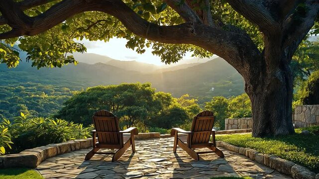 Lounge seats in the yard beneath a tree