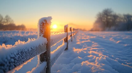 Frosty fence at sunrise in snowy field, winter landscape background.