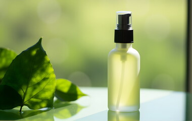 Product photography: A light-colored bottle of body wash placed on a flat mirrow surface. the background is light green with leaves,