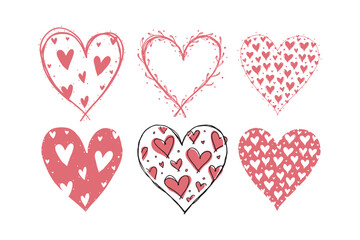 Set of hand-drawn hearts featuring unique patterns and textures in red and white, displayed on white background. Valentine's day illustration. Valentine's day, wedding illustration.