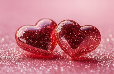 Fototapeta premium Two red hearts on a pink glittery background