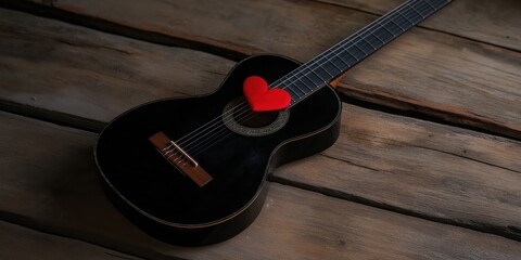 Fototapeta premium A beautiful black guitar rests on a wooden surface, adorned with a vibrant red heart, symbolizing the connection between music and love in a creative arrangement.
