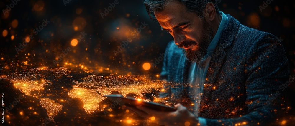 Poster man reviewing global data, illuminated world map background