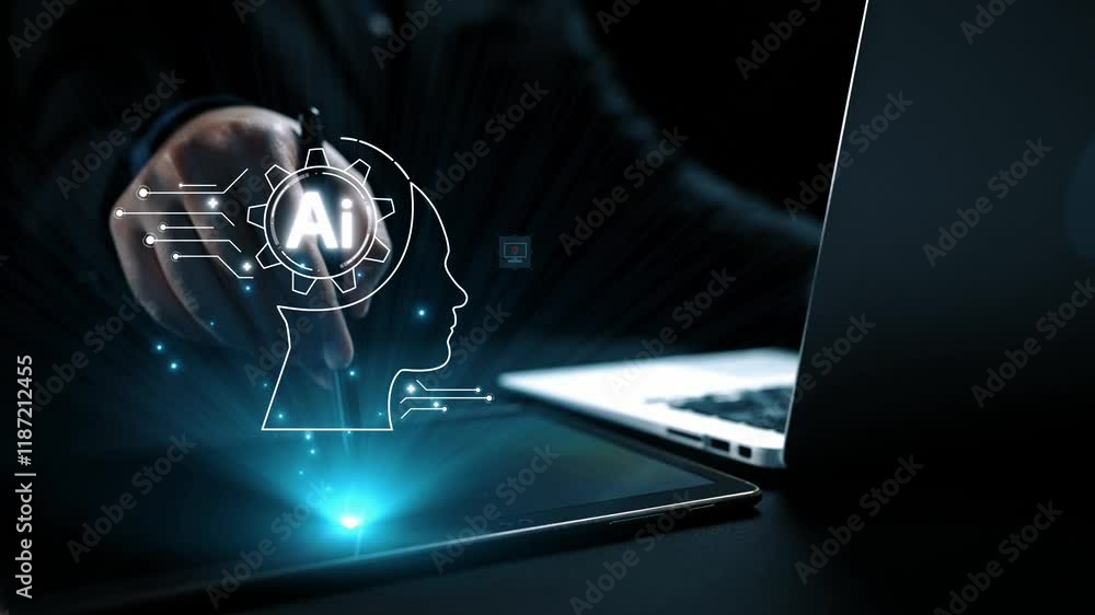 Poster human interact with ai artificial intelligence brain processor in concept of ai artificial intellige