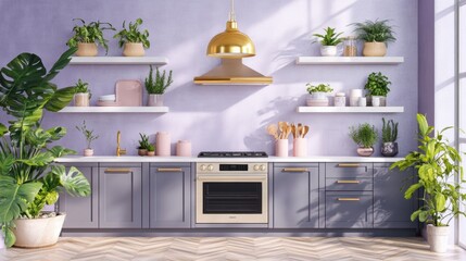 Modern Kitchen with Purple Wall, Stylish Decor and Abundant Plants
