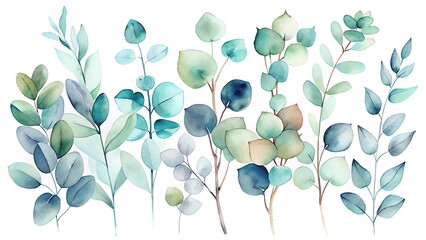 Elegant Watercolor Eucalyptus Arrangements in Muted Green and Blue Tones with White Florals for Wedding and Nature-Inspired Decor  