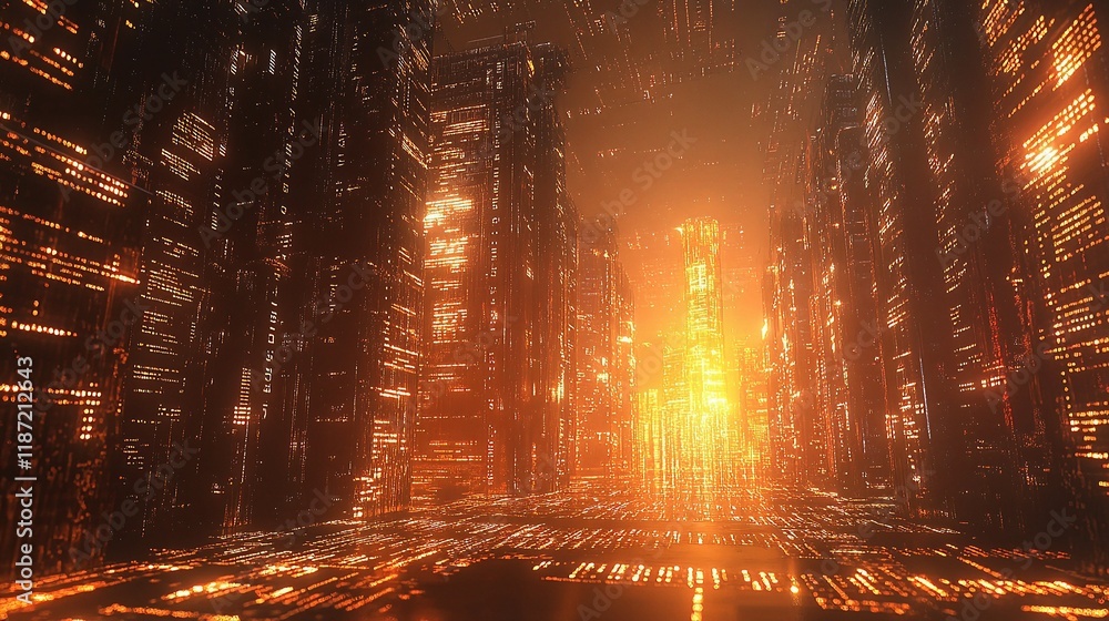 Poster futuristic 3d illustration of programming code in neon cityscape