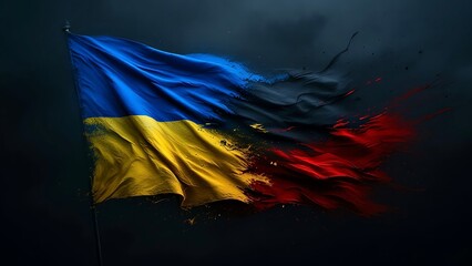 Waving flag. The Ukrainian blue-and-yellow flag turns red and black from the spilled blood caused by the war that has come to their home