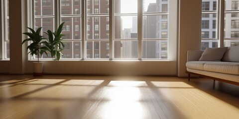 Fototapeta premium A bright living room bathed in sunlight, featuring modern furniture and a green plant, creating a soothing atmosphere perfect for relaxation and contemplation.