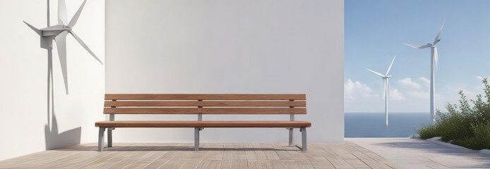 Peaceful scenery of wooden bench against white wall with wind turbines, countryside view, eco-friendly