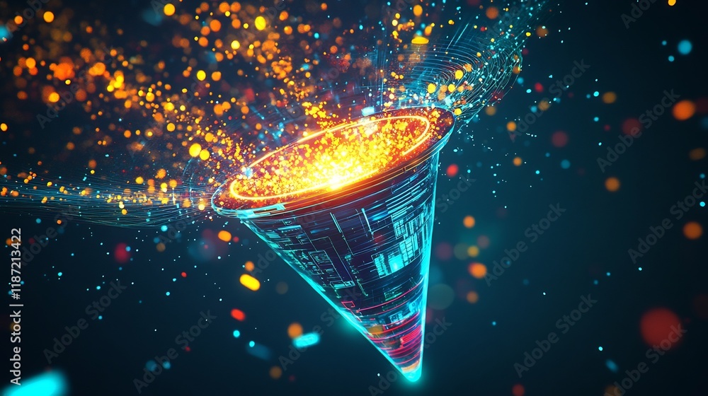 Aufkleber lead generation funnel shown futuristic glowing structure vibrant energy core scattered digital elem