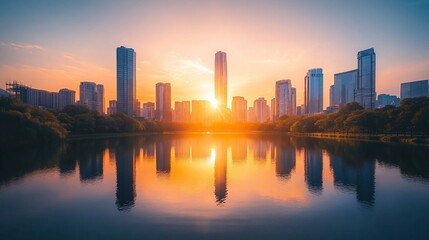 Fototapeta premium City skyline reflected in calm water at sunset. (1)