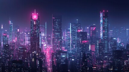 Obraz premium Vibrant Modern Cityscape at Night with Advanced Wireless Networks