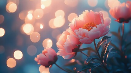 Soft blurred bokeh lights softly glowing over a pastel floral background, creating a dreamy and romantic atmosphere, book illustration style