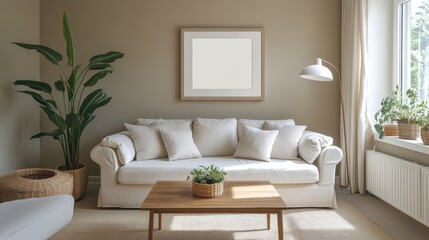 Cozy and Inviting Living Room with Neutral Tones and Greenery