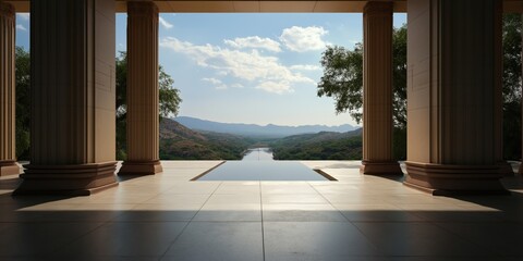 Fototapeta premium A breathtaking landscape view framed by grand columns showcases a tranquil river and rolling hills, connecting architectural brilliance with nature's beauty.