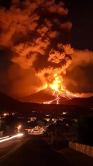 Volcanic eruption illuminating the night sky with fiery lava flows.