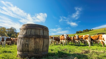 Obraz premium Rolling hills showcase grazing cattle near rustic wooden barrel