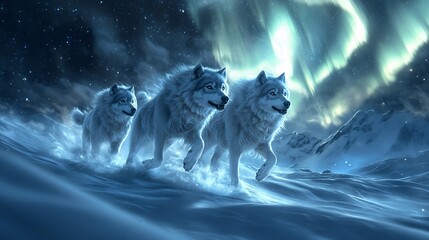 Three white wolves running through snowy mountains under aurora borealis.