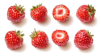 Fresh Strawberries Arranged in Different Cuts on White Background
